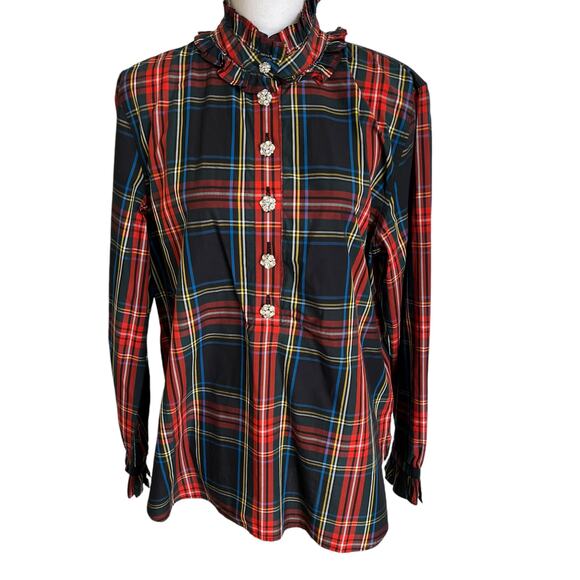 J crew Tops - J Crew Popover Sz 14 Tartan Plaid Jeweled Buttons Holiday Top Blouse Shirt